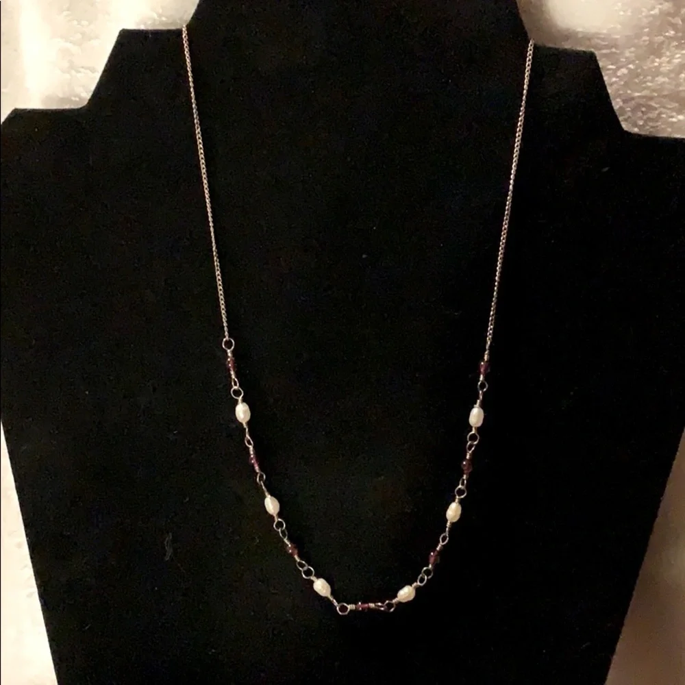 Garnet and Pearl Silver Necklace 12”/16”long